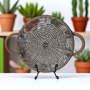 Vintage‎ Metal Woven Basket French Provincial Style Aluminum Brass Large Handles